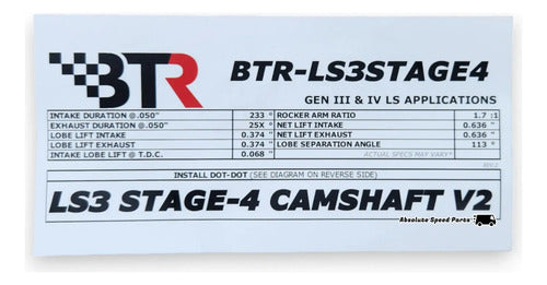 Árbol de Levas Brian Tooley Racing BTR LS3STAGE4 Chevrolet Pontiac Cadillac LS2 LS3 LS7