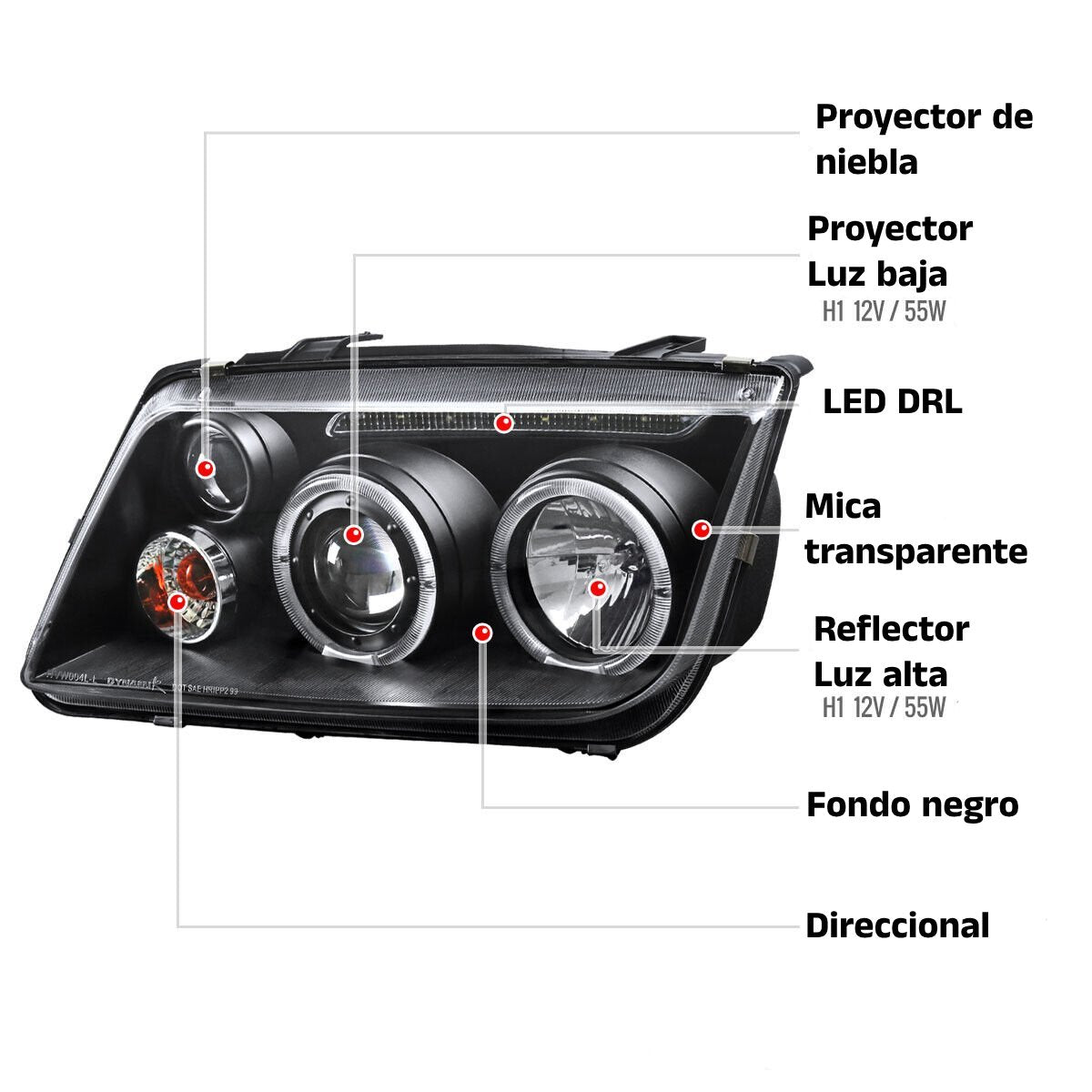 Faros Deportivos VW VolksWagen Jetta A4 MK4 1999-2007 Ojos De Ángel de Lupa o Proyectores Fondo Negro